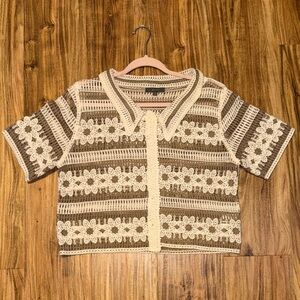 Miroh women’s large top button down crochet knit brown cream sweater collared